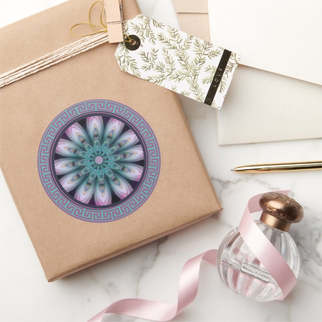Pegatina Redonda Mandalas de flores rosadas y turquesas (Regalar)
