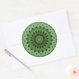 Pegatina Redonda Mandalas de Plumas de Pavo Real Simetría Esmeralda