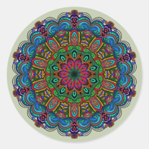 Pegatina Redonda Mandalas Florales y Patrón Geométrico Vibrante