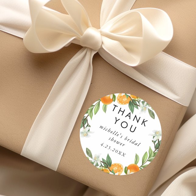 Pegatina Redonda Mandarin Naranja Watercolor Bridal Shower Gracias (Subido por el creador)