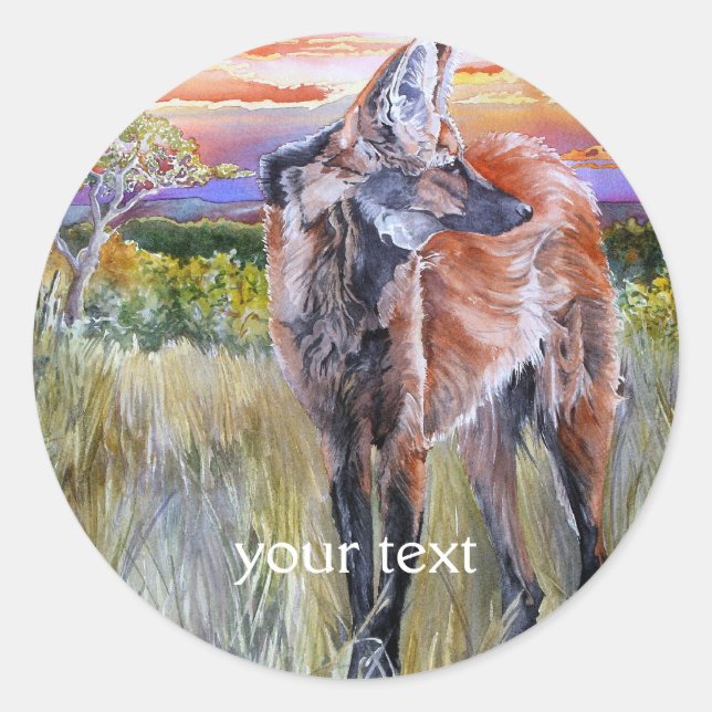 Pegatina Redonda Maned Wolf Watercolor Art (Anverso)