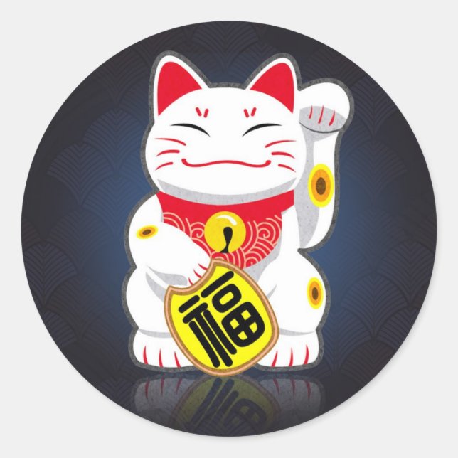 Pegatina Redonda Maneki-neko - Gato afortunado japonés (Anverso)