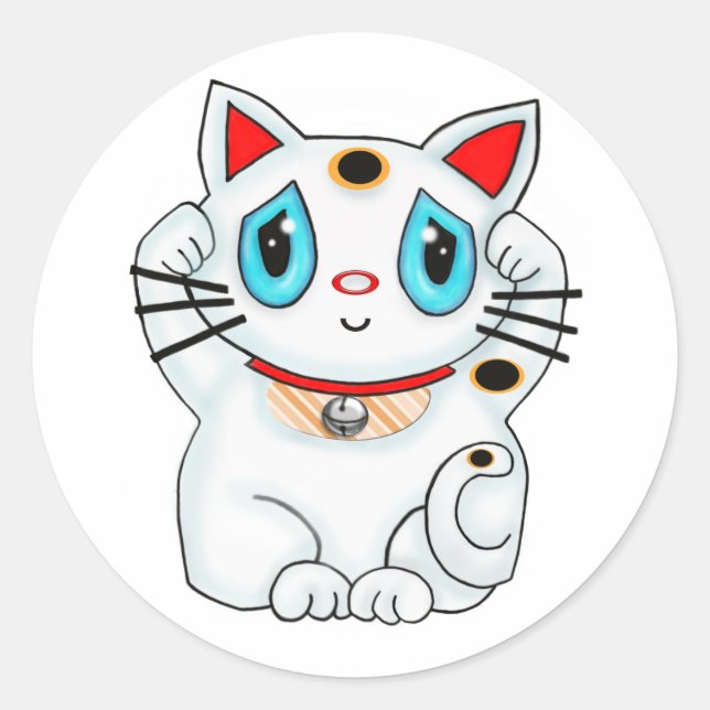 Pegatina Redonda Maneki Neko Lucky Beckoning Gato Blanco (Anverso)