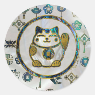 Pegatina Redonda Maneki Neko Lucky cat en perlas y abulón