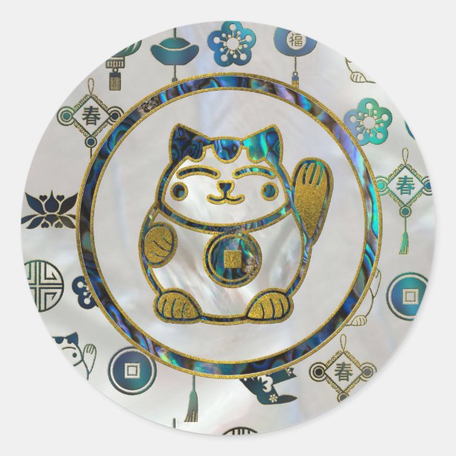 Pegatina Redonda Maneki Neko Lucky cat en perlas y abulón (Anverso)