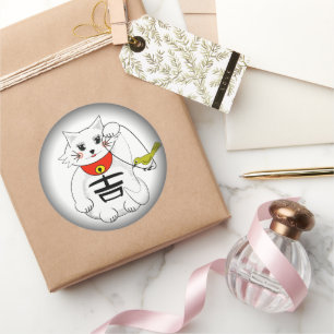 Pegatina Redonda Maneki-Neko o Beckoning Cat Lucky Kitty