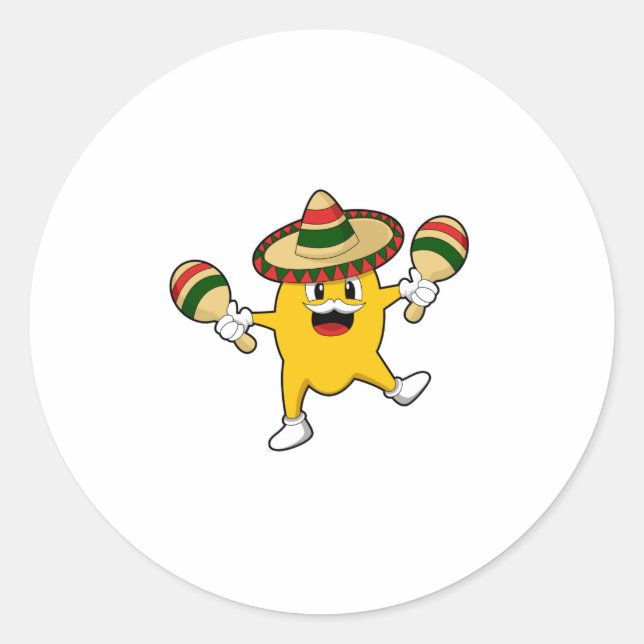 Pegatina Redonda Mango como músico con maraca (Anverso)
