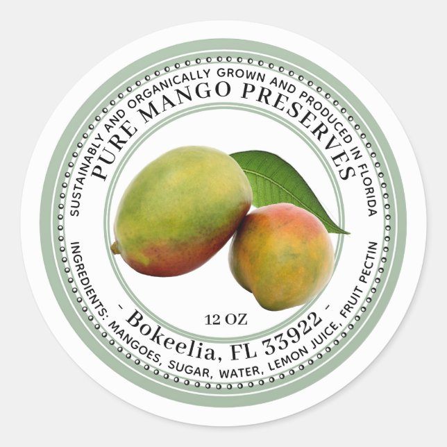 Pegatina Redonda Mango Preserve Jelly Label Organic Sustentable (Anverso)