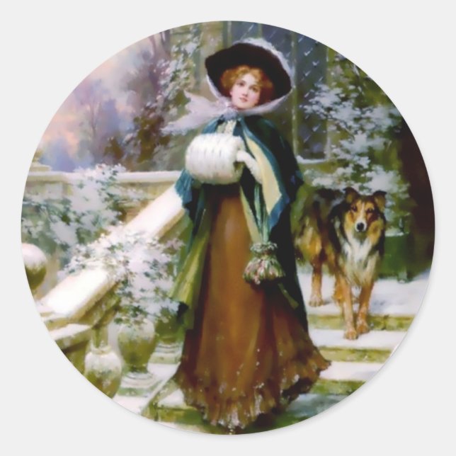 Pegatina Redonda Manguito de la mano del Victorian del perro del (Anverso)