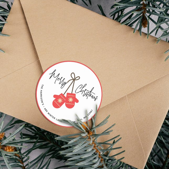 Pegatina Redonda Manguitos Rojos Caligrafía Moderna Dirección de De (Modern Calligraphy Red Mittens Return Address Classic Round Sticker)