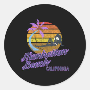 Pegatina Redonda Manhattan Beach La California Retro Surf Backpacki