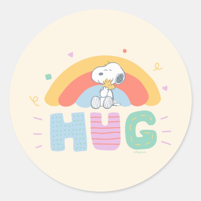 Pegatina Redonda Maní | Snoopy & Woodstock Hug (Anverso)