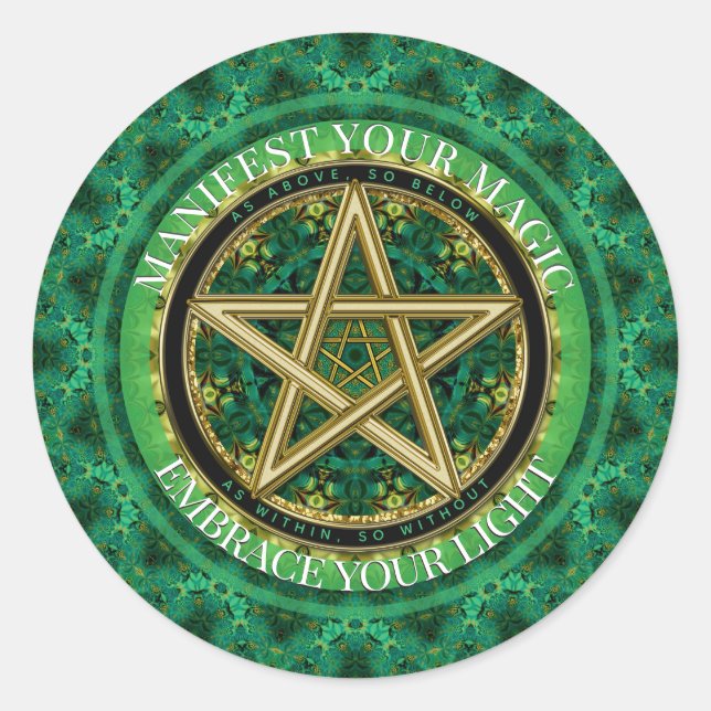 Pegatina Redonda Manifest Your Magic Golden Pentacle Nature Green (Anverso)