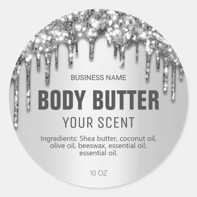 Pegatina Redonda Manitas de manteca de Purpurina espumoso de plata (Anverso)