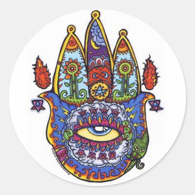 Pegatina Redonda mano de hamsa. (Anverso)