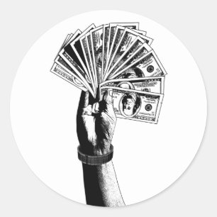 Pegatina Redonda Mano de los hombres Holding 100 dólares Bills dine