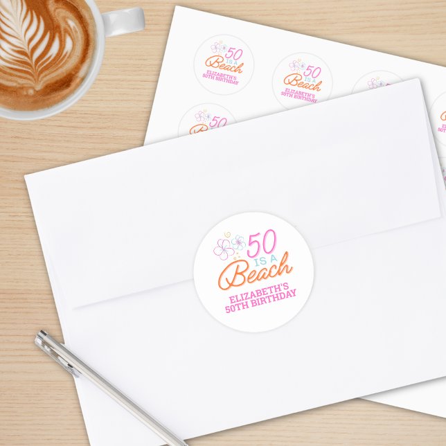 Pegatina Redonda Mano de moda Dibujando Doodle 50th Beach Birthday (Subido por el creador)