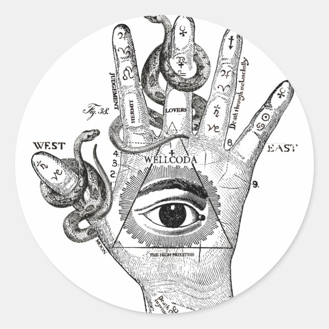 Pegatina Redonda Mano de serpiente de brújula de Wellcoda Illuminat (Anverso)