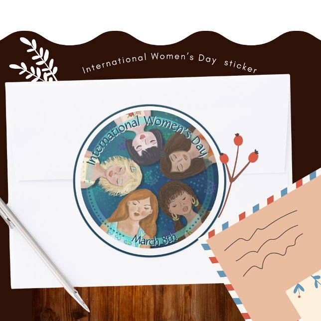 Pegatina Redonda Mano del Día Internacional de la Mujer dibujada en (International Women's Day hand drawn in Blue Classic Round Sticker)