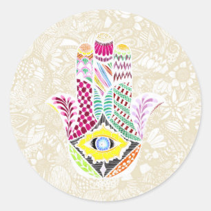 Pegatina Redonda Mano dibujada mano artística de Hamsa dibujos