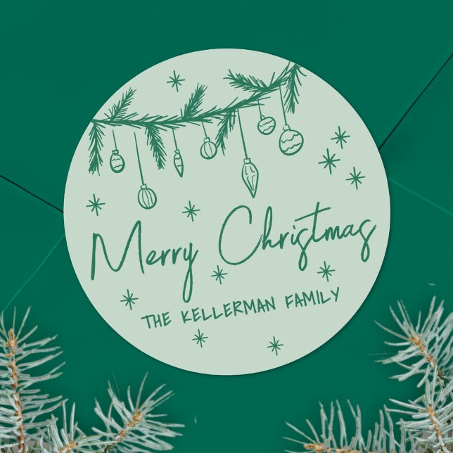 Pegatina Redonda Mano Dibujada Verde Feliz Navidad (Hand Drawn Green Merry Christmas Classic Round Sticker)