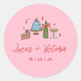 Pegatina Redonda Mano rosa colorida dibujó Boda escrita graciosa