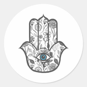 Pegatina Redonda Mano simple dibujada floral Hamsa mano