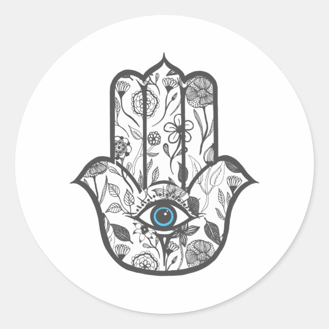 Pegatina Redonda Mano simple dibujada floral Hamsa mano (Anverso)