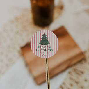 Pegatina Redonda Mano verde rosa vintage dibuja árbol de Navidad