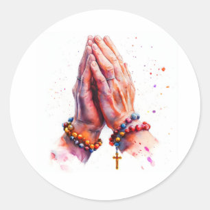 Pegatina Redonda Manos rezando con Rosario Cruz Católica Religiosa