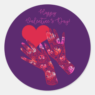 Pegatina Redonda Manos y Corazón Feliz Día de San Valentín
