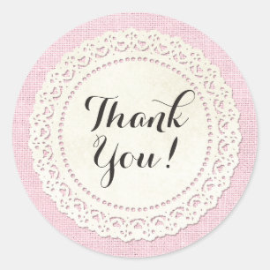 Pegatina Redonda Mantel de encaje rústico de campo sobre agradecimi