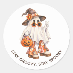 Pegatina Redonda Mantén Groovy Mantén Espeluznante Fantasma Retro d