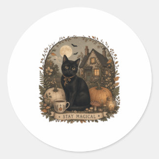Pegatina Redonda Mantén Magia Gato Negro Cottagecore de Halloween