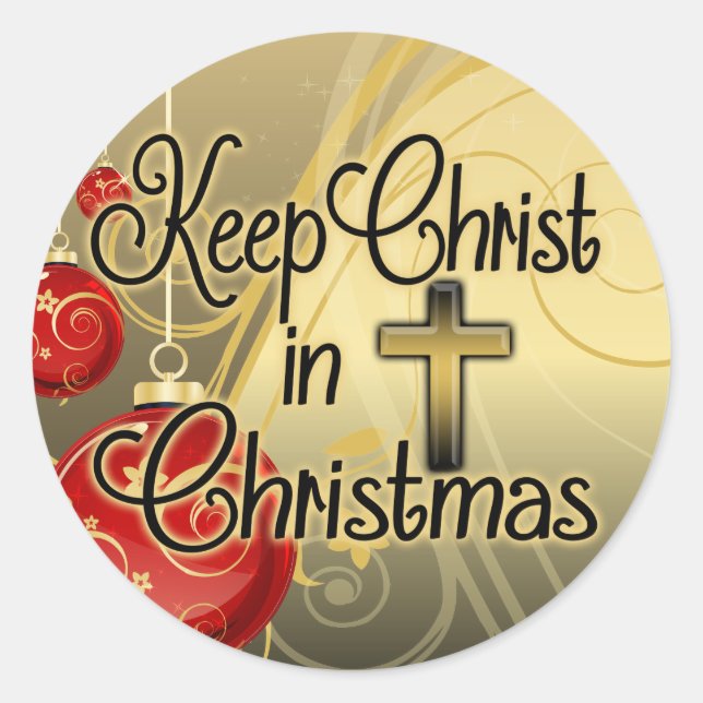 Pegatina Redonda Mantener a Cristo en Navidades, oro/cristiano rojo (Anverso)