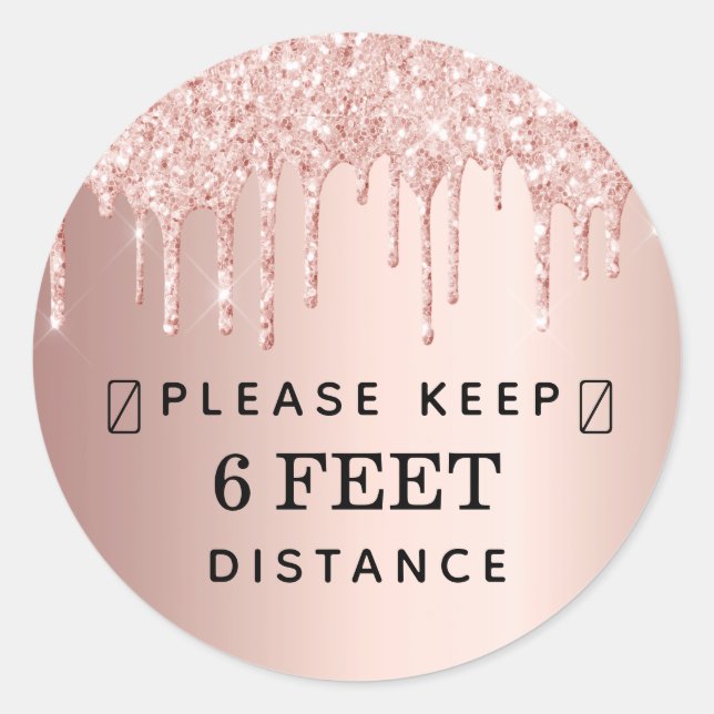 Pegatina Redonda Mantenga su distancia rosa goteo de purpurina rosa (Anverso)