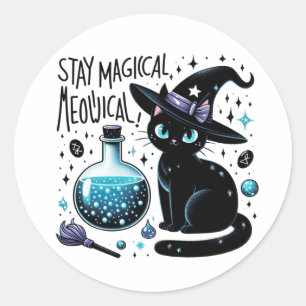 Pegatina Redonda Manténgase mágico meowgical bruja negra felina