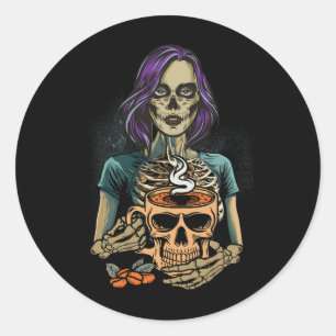 Pegatina Redonda Manténgase vivo Skeleton Beber café Lover Hallo
