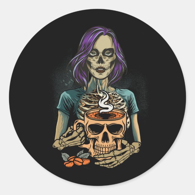 Pegatina Redonda Manténgase vivo Skeleton Beber café Lover Hallo (Anverso)