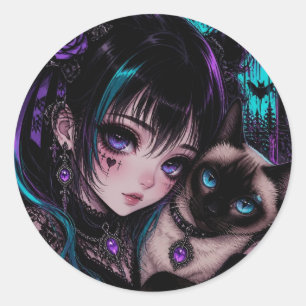 Pegatina Redonda Manteniéndose en contacto   Chica Anime y Gato