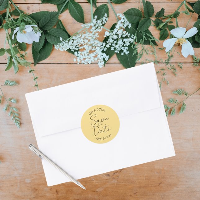 Pegatina Redonda Mantequilla Boda amarilla estilizada Guardar la fe (In Situ Wedding)