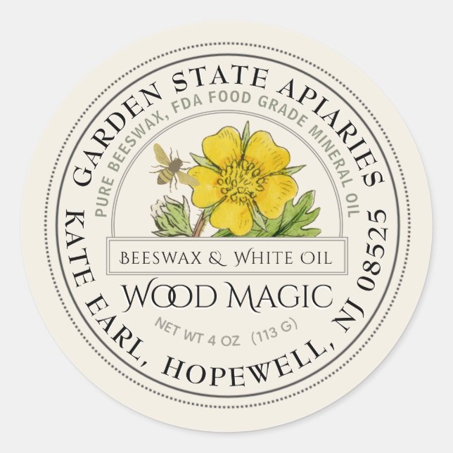 Pegatina Redonda Mantequilla de madera de cera de abeja con flores  (Anverso)