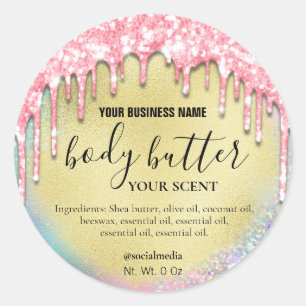 Pegatina Redonda Mantequilla del cuerpo del Purpurina de goteo rosa