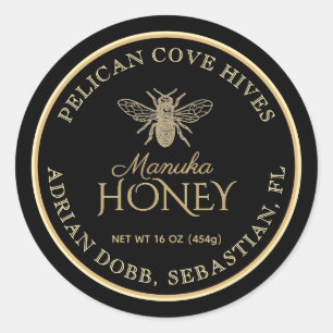 Pegatina Redonda Manuka Honey Black Dark Gold Vintage Bee