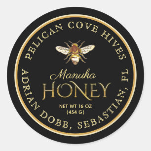 Pegatina Redonda Manuka Honey Black Metallic Gold Vintage Bee