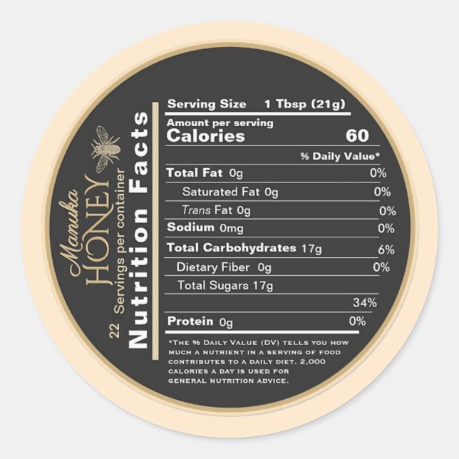Pegatina Redonda Manuka Honey Mini Nutrición Hechos con Abeja Vinta (Anverso)