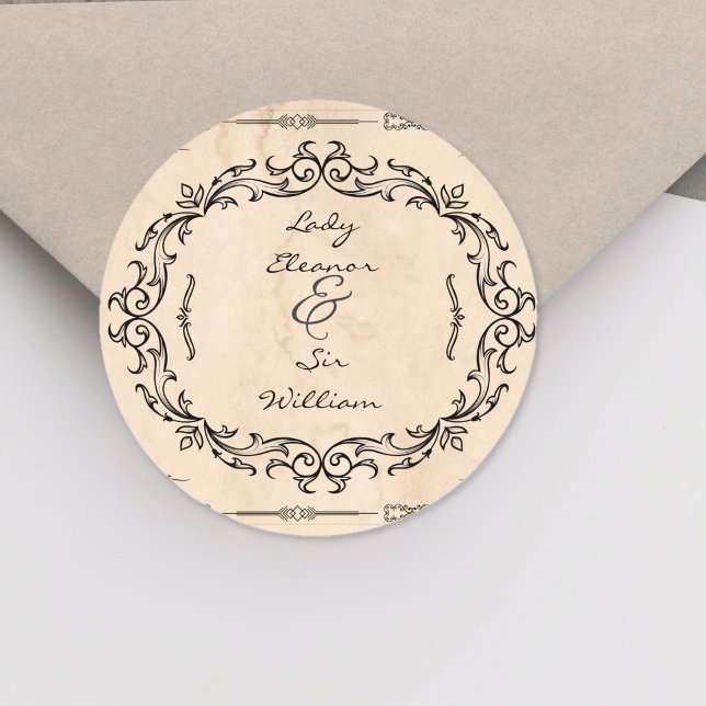 Pegatina Redonda Manuscrito medieval Elegante Boda (Medieval Manuscript Elegant Wedding Classic Round Sticker)