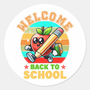 Pegatina Redonda Manzana de dibujos animados retro linda   Bienveni