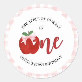 Pegatina Redonda Manzana de nuestros ojos lazo rosa cumpleaños