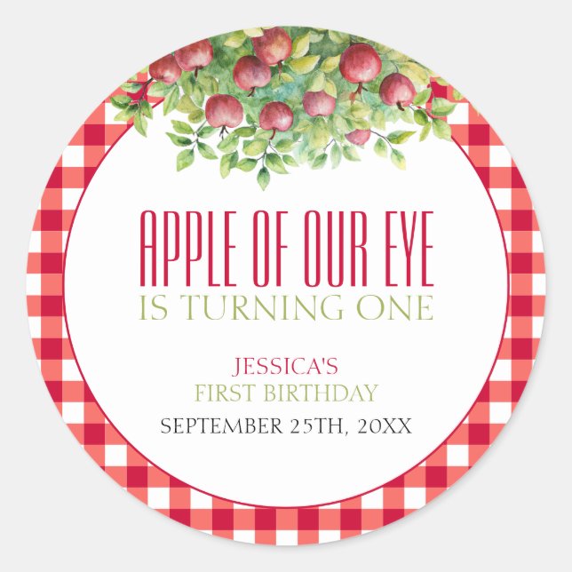 Pegatina Redonda Manzana de otoño de nuestro ojo primer cumpleaños (Anverso)